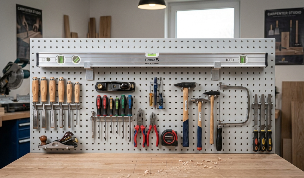 An aluminum spirit level stored properly by hanging horizontally on a workshop pegboard wall organizer.