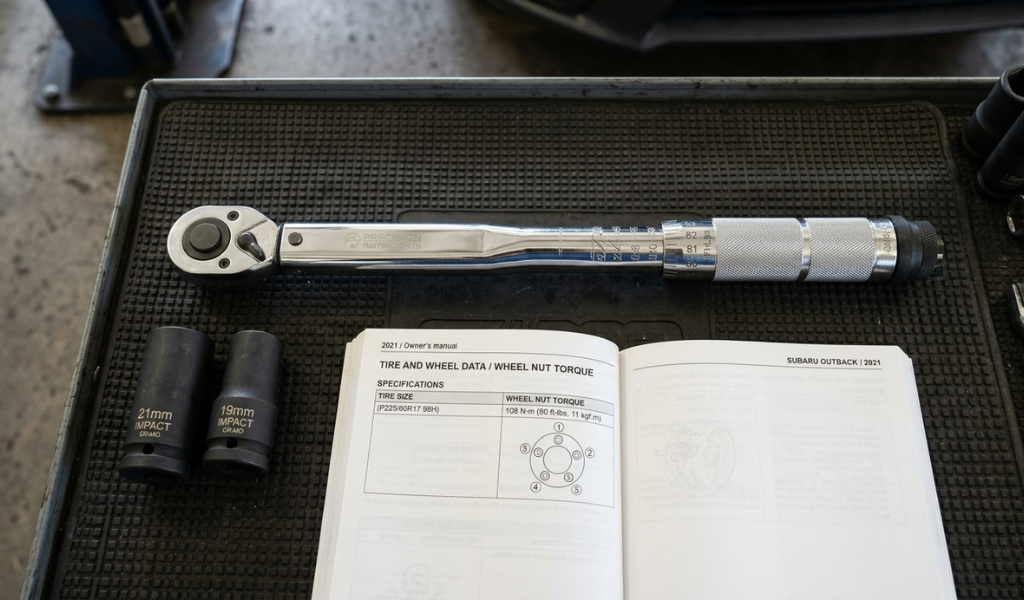 Chrome micrometer torque wrench resting on a black mechanics' mat next to socket adapters and a vehicle manual.