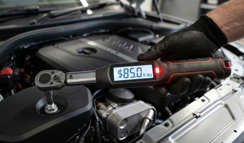 A digital torque wrench display screen glowing with an active numeric readout and a red LED alert indicator light illuminated.