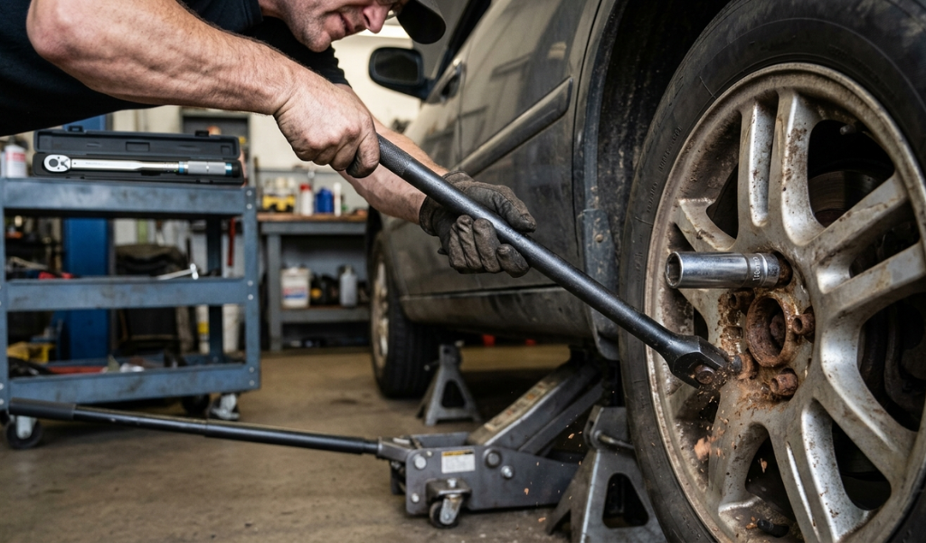 A mechanic using a long steel breaker bar to safely break loose a tight wheel lug nut, with a torque wrench resting unused nearby.