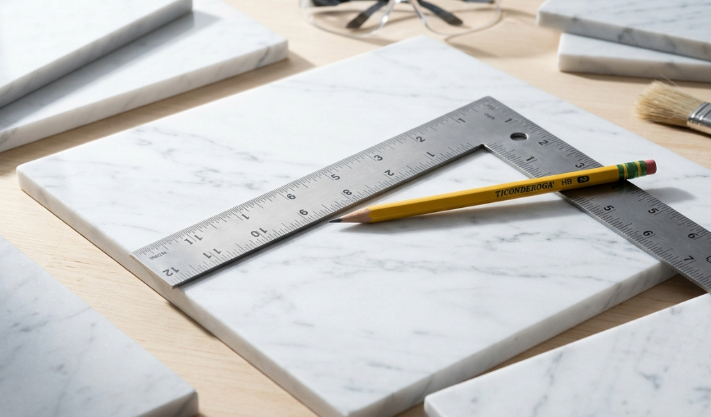 A professional feature shot of premium white Carrara marble tiles laid out on a workshop bench next to a steel framing square and a pencil.