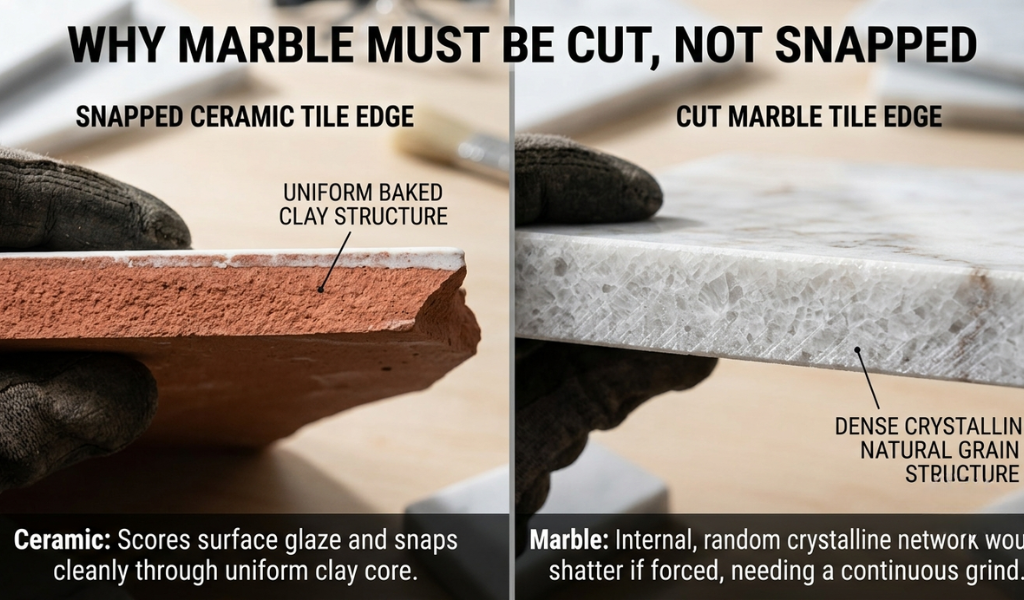 Side-by-side photo showing the uniform composition of a ceramic tile edge compared to the dense, crystalline structure of a natural marble tile.
