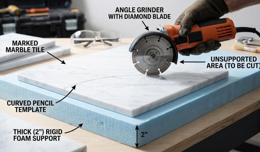 A marked marble tile supported flat on a two-inch thick piece of rigid foam insulation before being cut with an angle grinder.