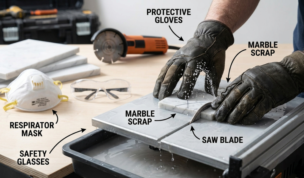 A close-up view of a person practicing cutting techniques on a small piece of scrap marble tile in a workshop.