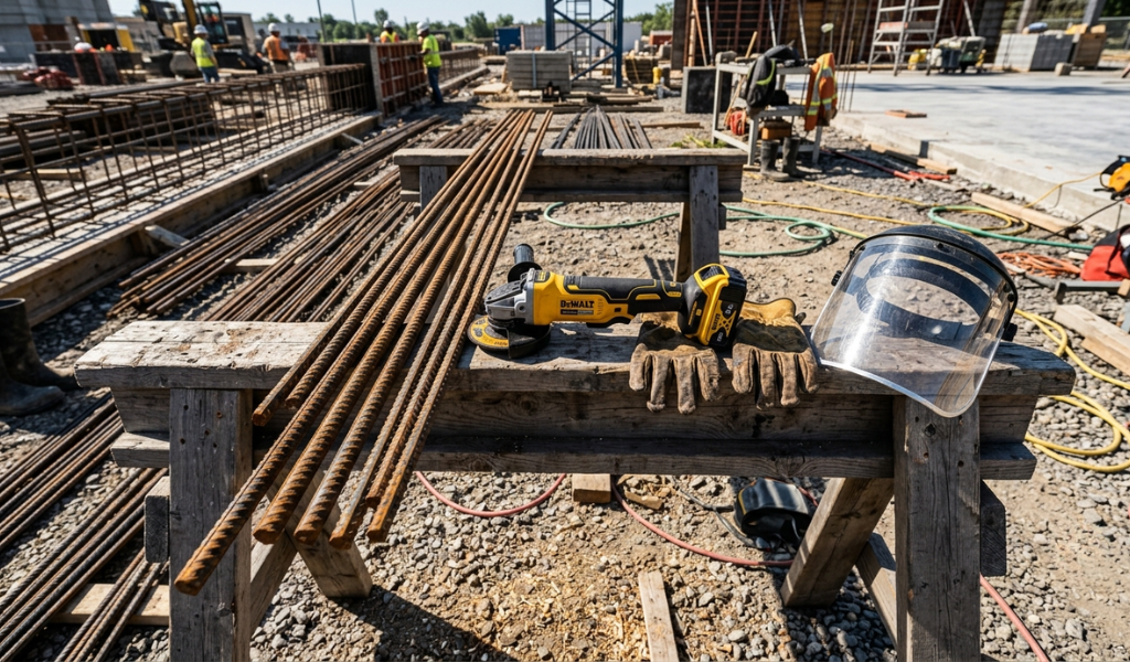 Rebar rods resting on a wooden sawhorse next to a cordless angle grinder and protective safety gear.