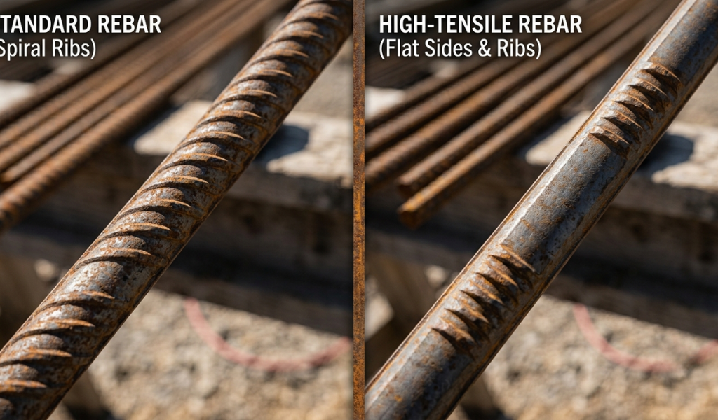 Side-by-side photo showing the continuous ridges of standard rebar compared to the distinct flat sides of a high-tensile steel rebar.