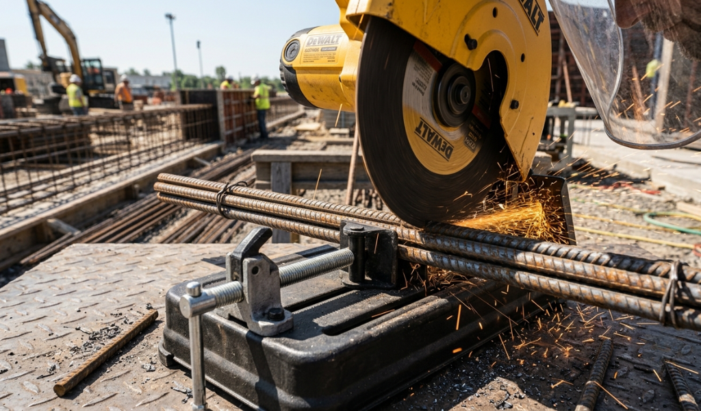 Industrial chop saw slicing through a bundle of multiple rebar rods clamped tightly in a locking mechanical jig.