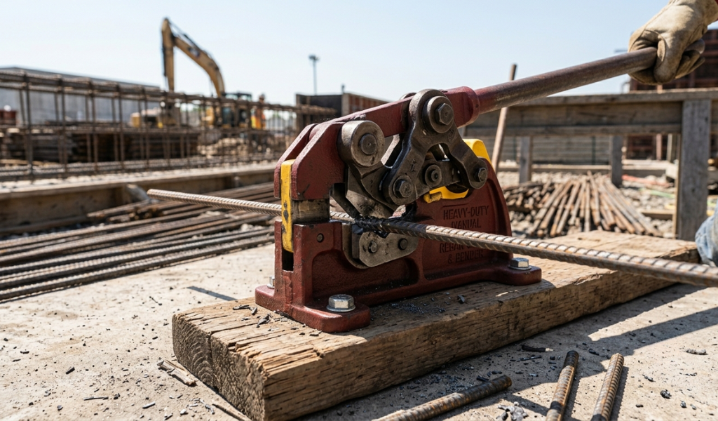 A workshop photo of a manual rebar bender and cutter tool bolted to a surface, demonstrating how the long lever drives the integrated mechanical cutting jaw.