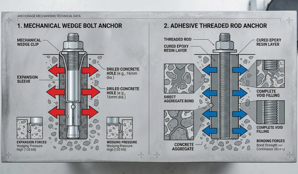 Side-by-side cross-section diagram comparing the mechanical expansion of a wedge anchor with the chemical bonding of an epoxy adhesive anchor.