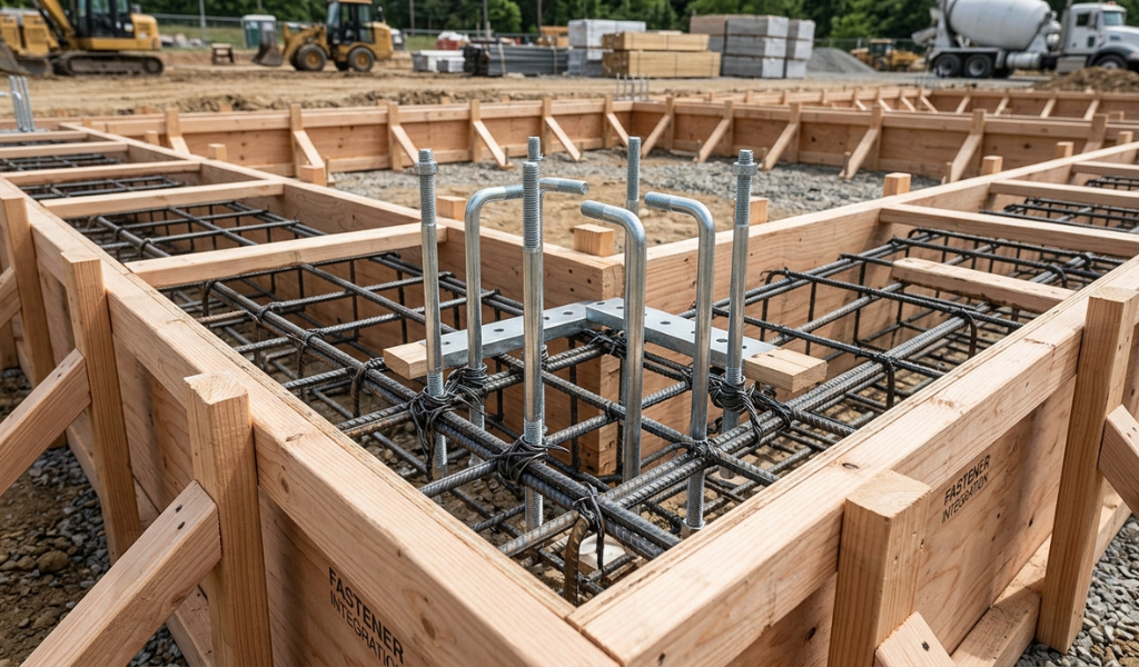 Heavy steel J-bolts secured to a rebar framework inside timber foundation forms prior to pouring concrete.