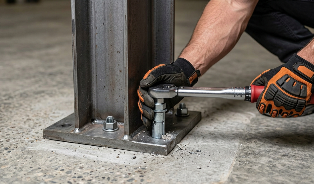 A contractor using a torque wrench to tighten a galvanized structural expansion anchor through a metal base plate into cured concrete.