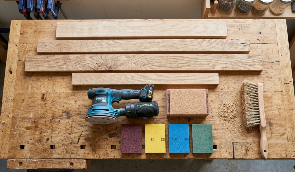 Essential wood sanding tools, including a random orbital sander, cork sanding block, and sanding sponges resting on an oak board.