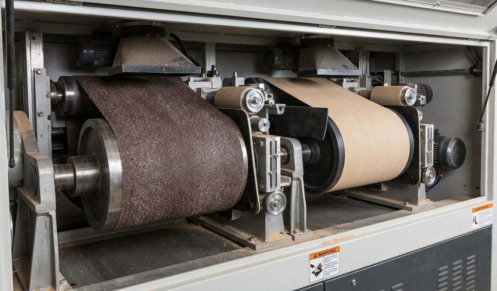 An industrial wide belt sander showing sequential coarse and fine abrasive belts mounted on a heavy-duty roller system.