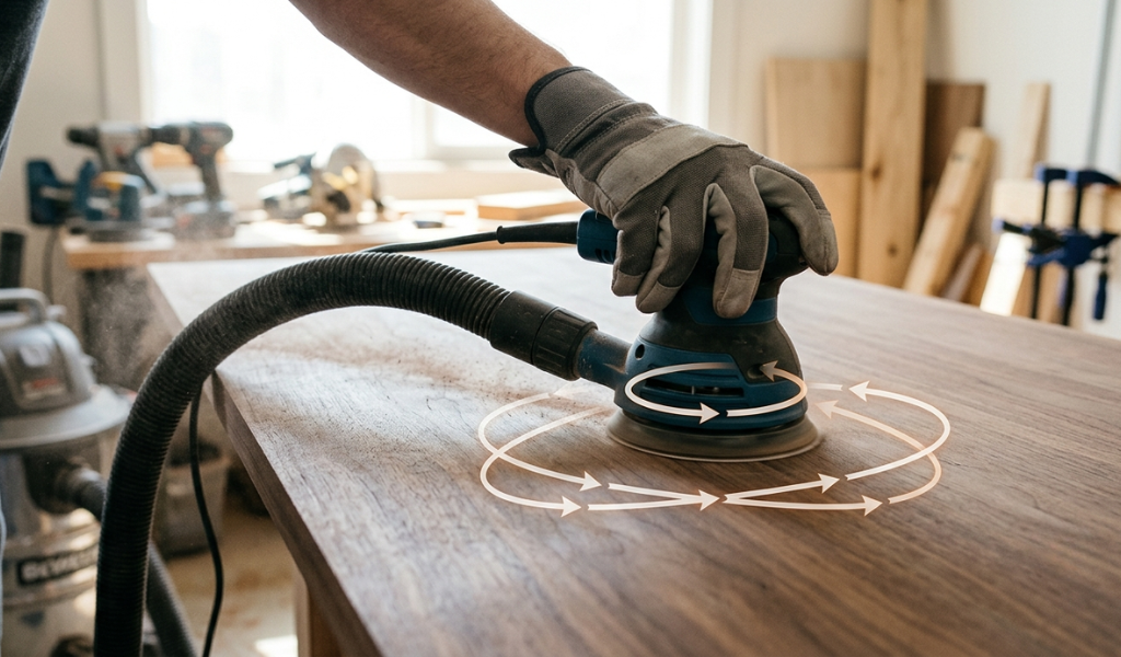 A random orbital sander being guided across a walnut tabletop with an attached dust collection hose.