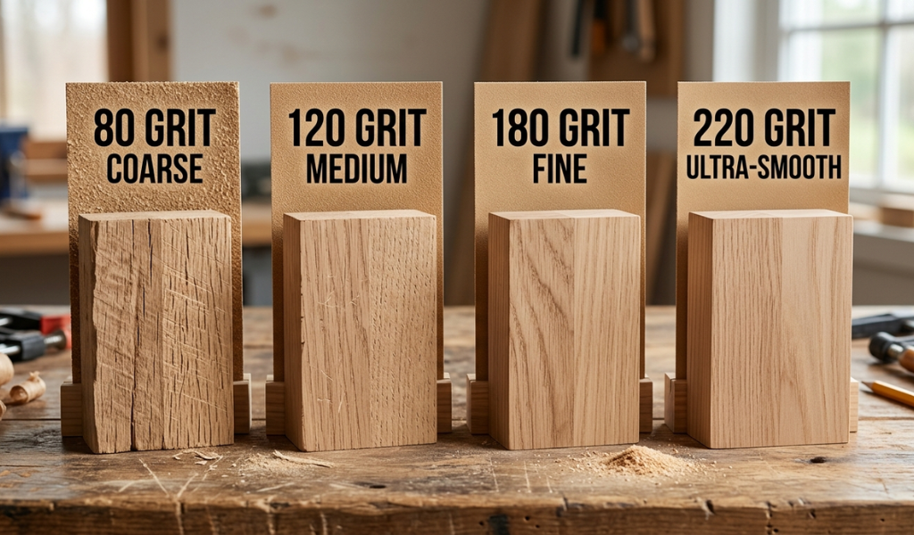 A comparative educational photo displaying the progression of sandpaper grits from coarse 80-grit to ultra-fine 220-grit alongside matching wood samples.