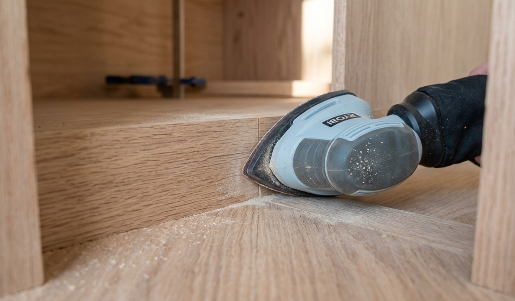 Compact triangular detail sander reaching precisely into the 90-degree inside corner of a wooden cabinet box.