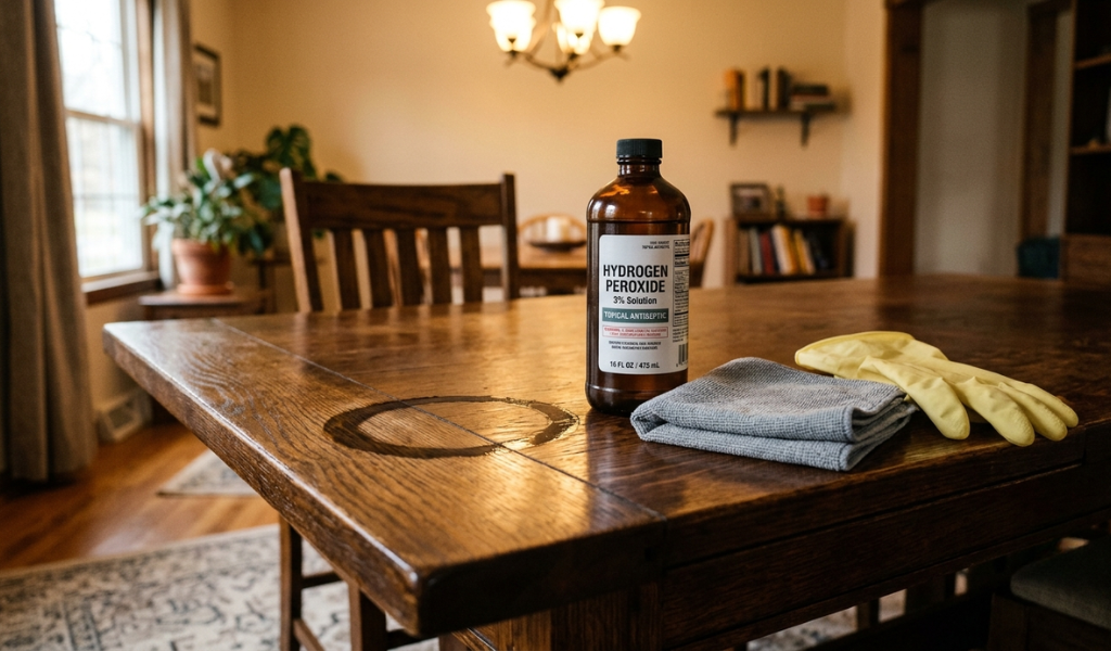 Dark water ring stain on a wooden tabletop next to a microfiber cloth and a bottle of hydrogen peroxide.