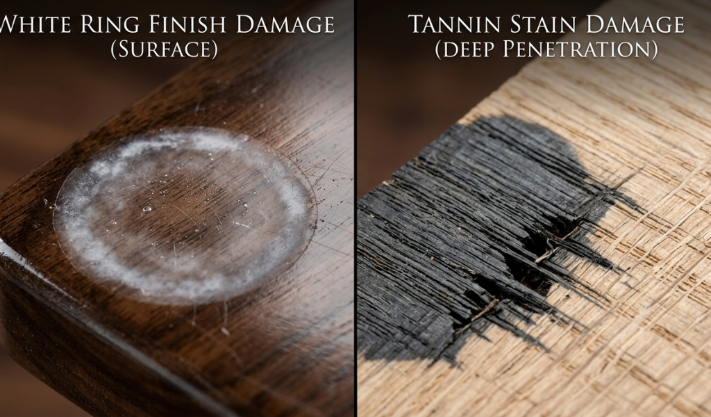 A side-by-side comparison image showcasing a shallow white water mark in a wood finish versus a deep dark water stain embedded in raw wood fibers.
