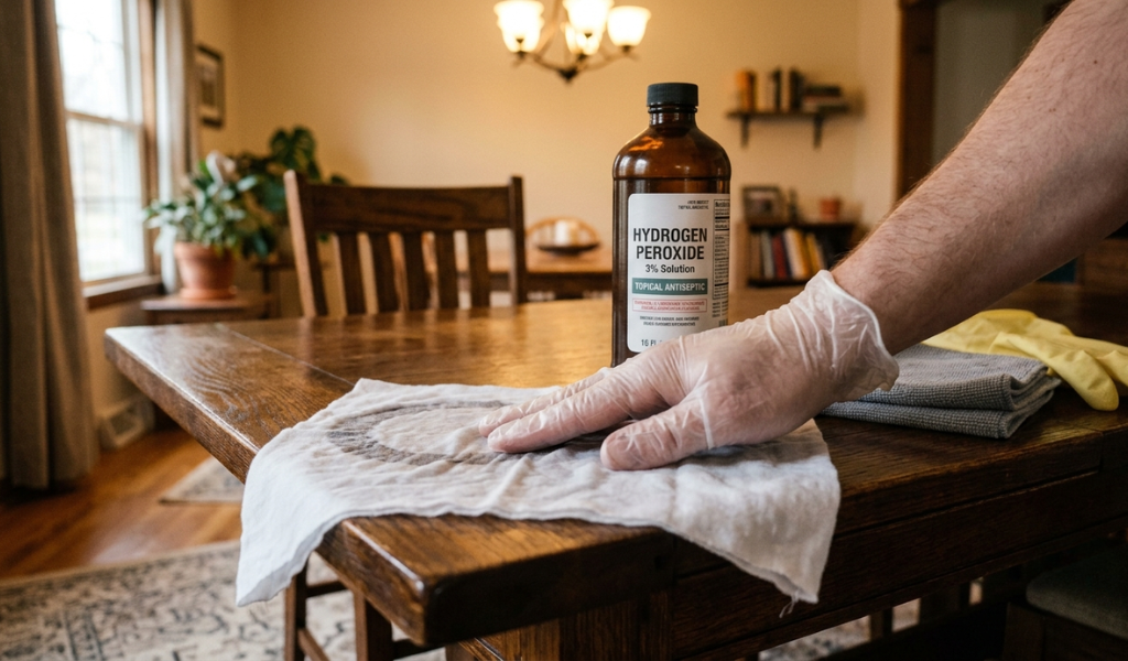 A gloved hand applying a hydrogen peroxide-soaked white cloth directly over a dark water stain on a wooden floor.
