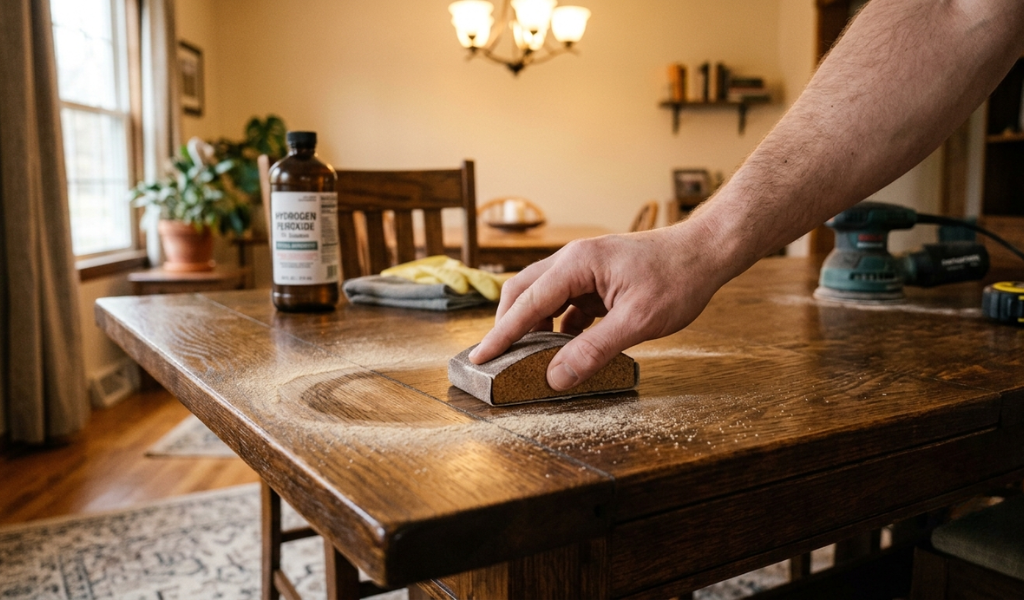 A hand sanding with the grain using a sanding block over a dark water stain on a wooden surface.