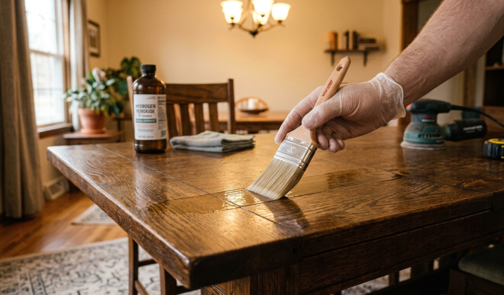 A paintbrush applying a clear coat of water-based polyurethane protectant over a clean wooden surface.