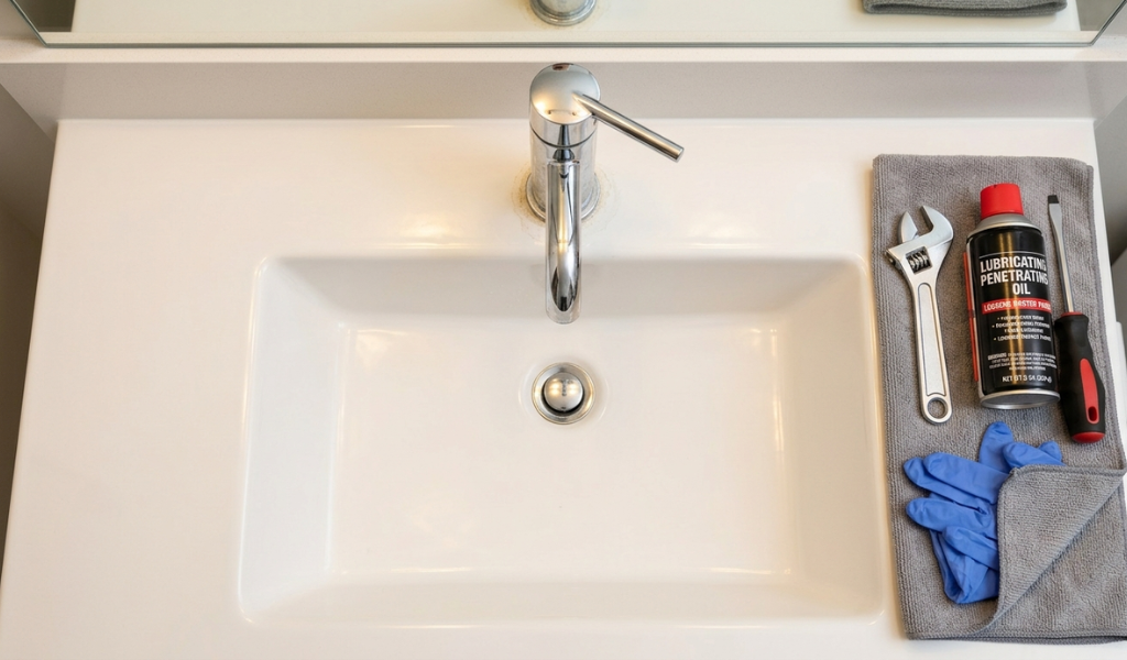 A professional feature shot of a chrome bathroom faucet handle next to an adjustable wrench, penetrating oil, a screwdriver, and safety gloves on a clean countertop.