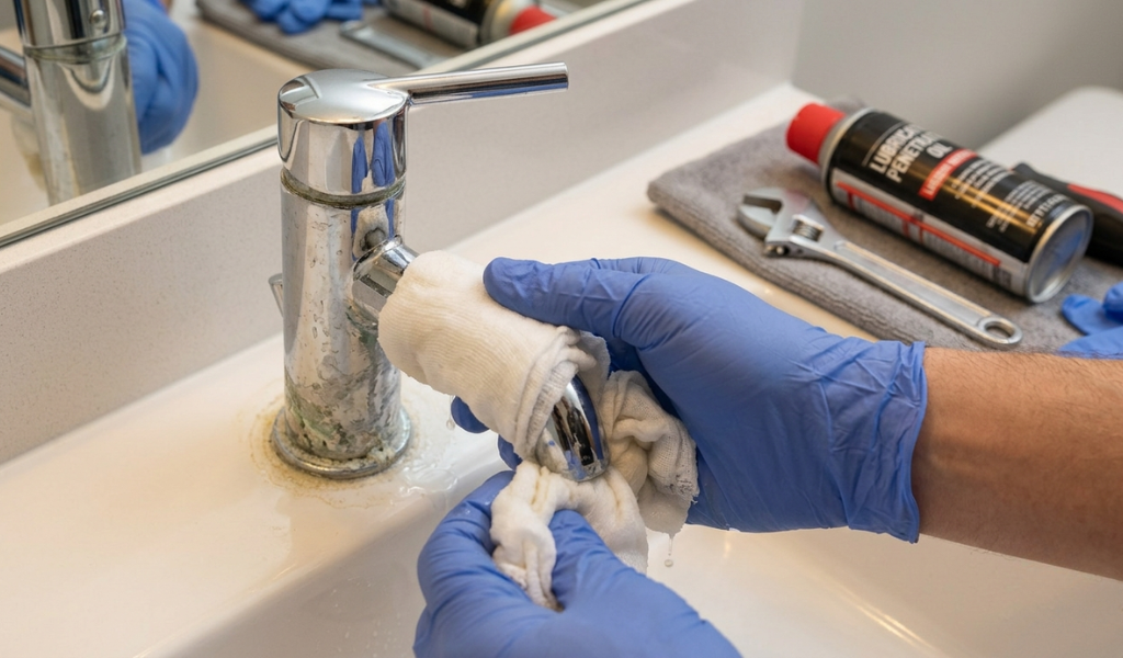 A cloth soaked in white vinegar being wrapped around the crusty base of a stuck faucet handle to dissolve mineral scale.