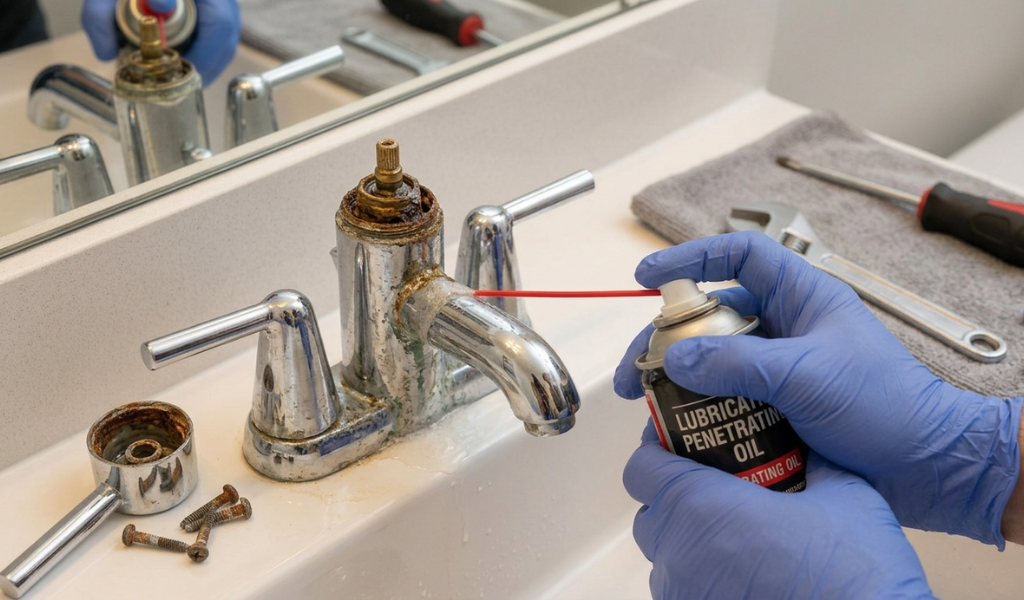 A detailed macro shot of penetrating oil being sprayed via a precision straw onto the rusty interior threads of a disassembled faucet handle.