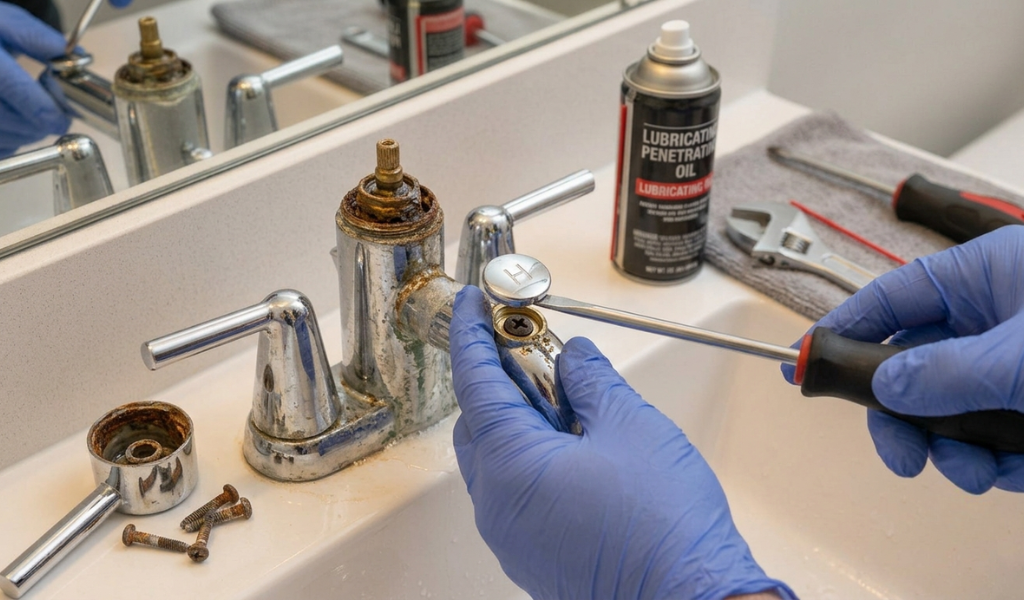 Flathead screwdriver gently prying off a decorative chrome index cap to reveal a hidden faucet screw.