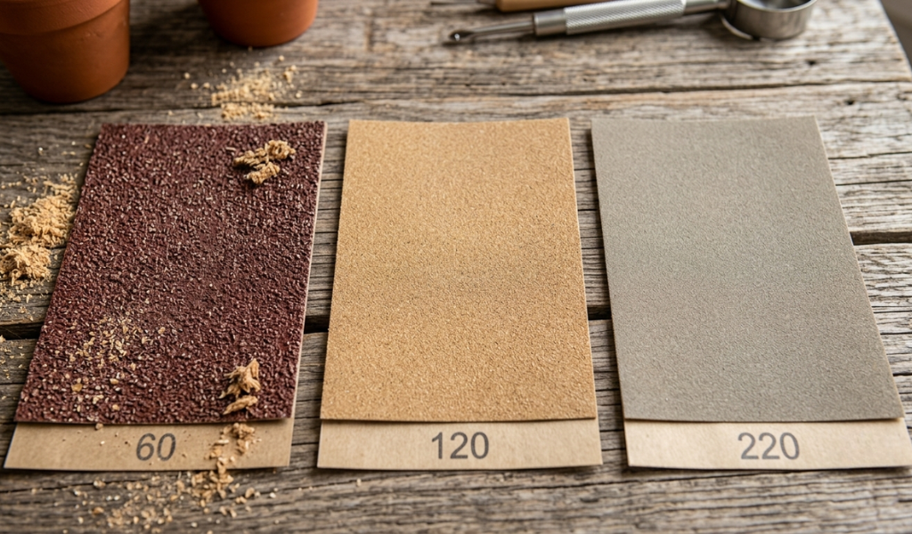 Three sheets of sandpaper showing the texture differences between coarse, medium, and fine grits on a workbench.