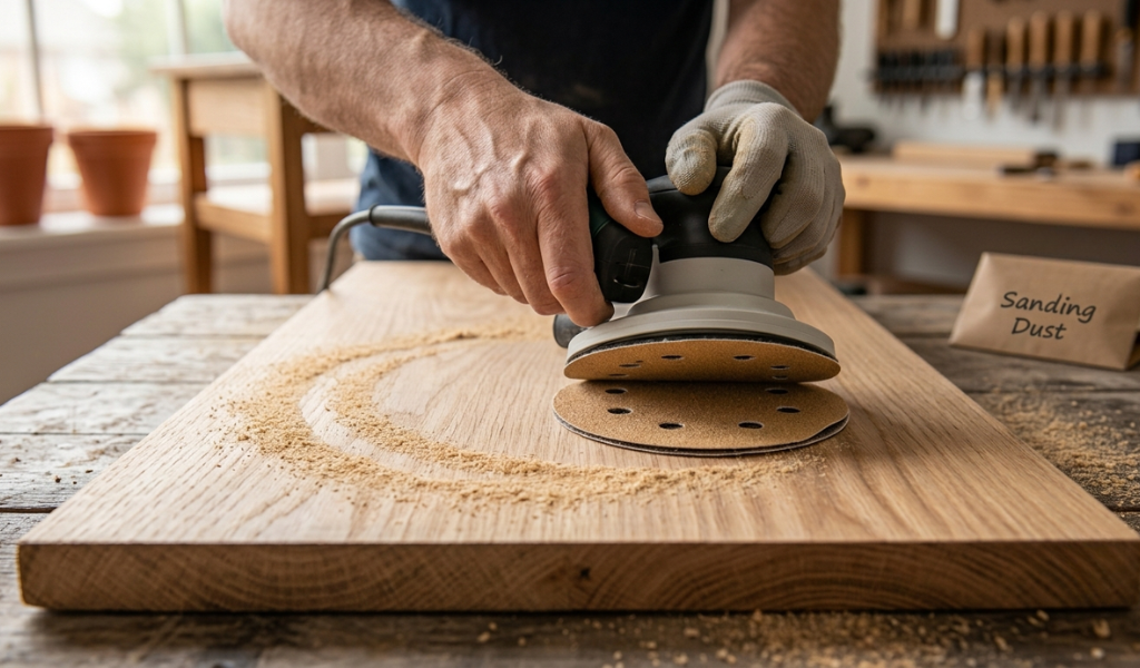 A woodworker using a random orbital palm sander flat against a wide oak wood tabletop.