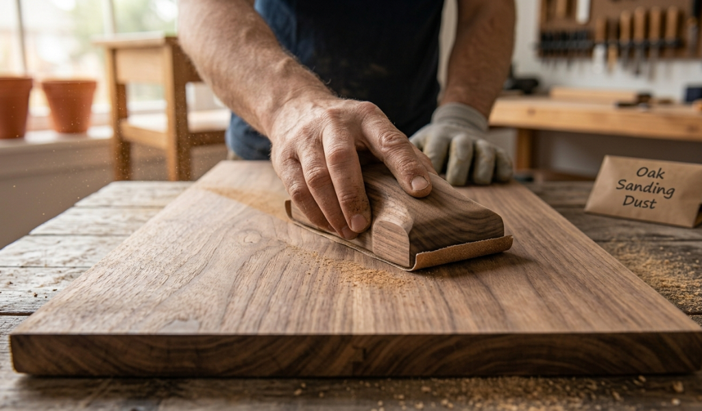 Close-up of a hand using a sanding block to sand perfectly in the direction of the natural wood grain.