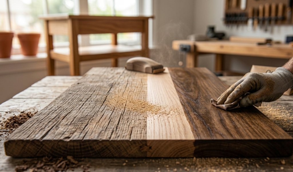 Walnut wood panel showing the stages of raw lumber, a sanded surface, and a clear oil finish.