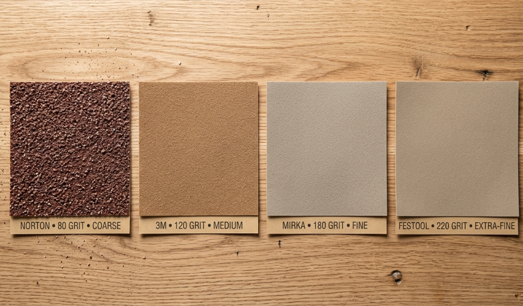A side-by-side grit progression layout showing eighty, one hundred twenty, one hundred eighty, and two hundred twenty grit sandpapers.