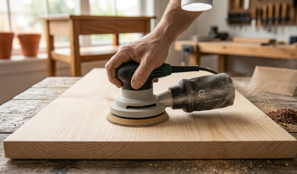 Random orbital sander held completely flat on a light pine wood surface during power sanding.