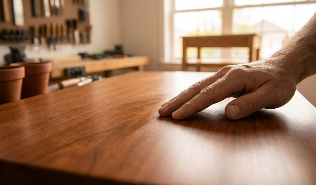 A hand running over the glass-smooth, flawless stained surface of a completed hardwood furniture project.