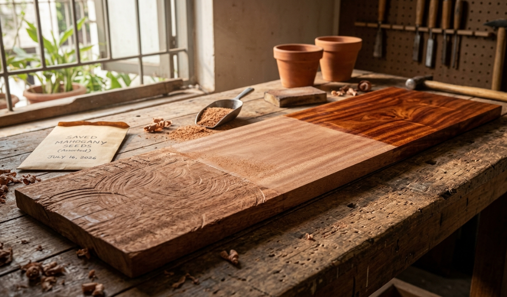 A mahogany wood panel showing three stages of woodworking: raw lumber, a perfectly sanded surface, and a warm oil finish.