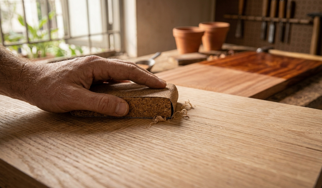 A close-up of a woodworker hand-sanding a white oak board, moving perfectly parallel to the natural wood grain.