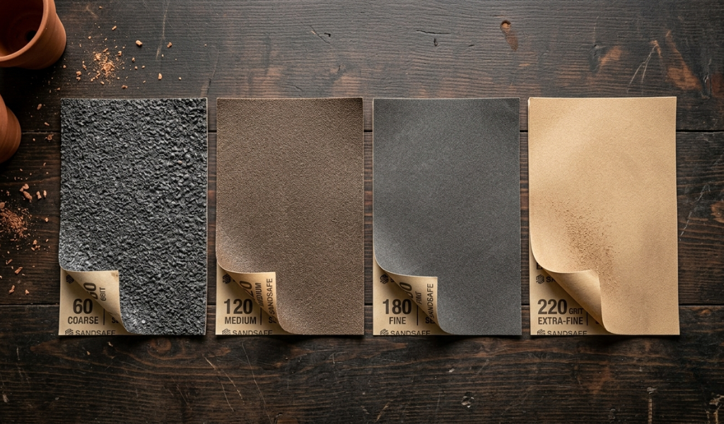 Four sheets of sandpaper arranged side-by-side showing the textural transition from sixty grit to two hundred twenty grit.