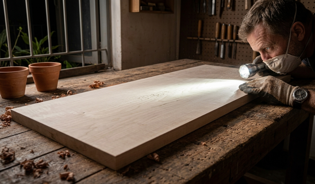 A woodworker shining a flashlight at a flat, low angle across a maple table to check for scratches before changing grits