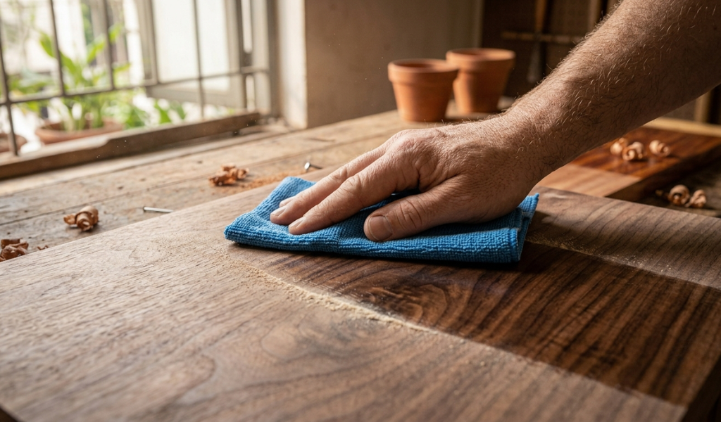 Wiping away fine sanding dust from a smooth walnut panel with a cloth to prepare the surface for finishing.