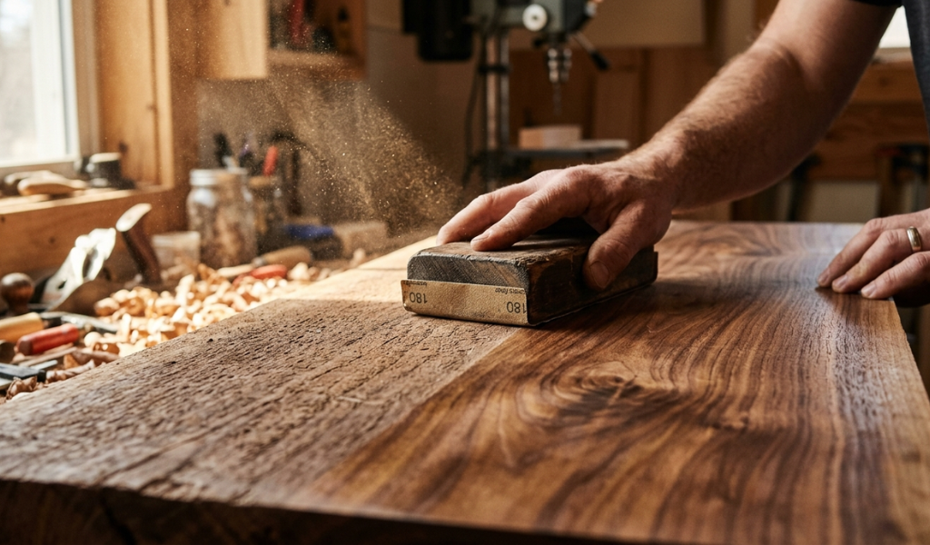 A side-by-side comparison of raw wood versus a professionally sanded, smooth wood surface in a workshop.