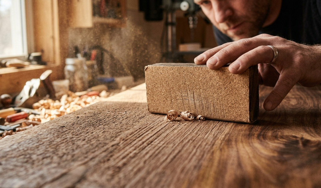 Sanding block moving parallel to the wood grain to prevent scratches.