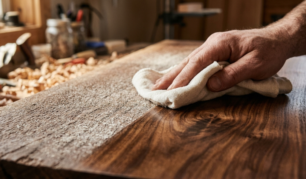 Wiping fine sanding dust off a walnut wood surface with a tack cloth before switching sandpaper grits.