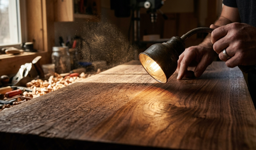 Using a flashlight at a low angle to reveal hidden sanding scratches on a wood surface.