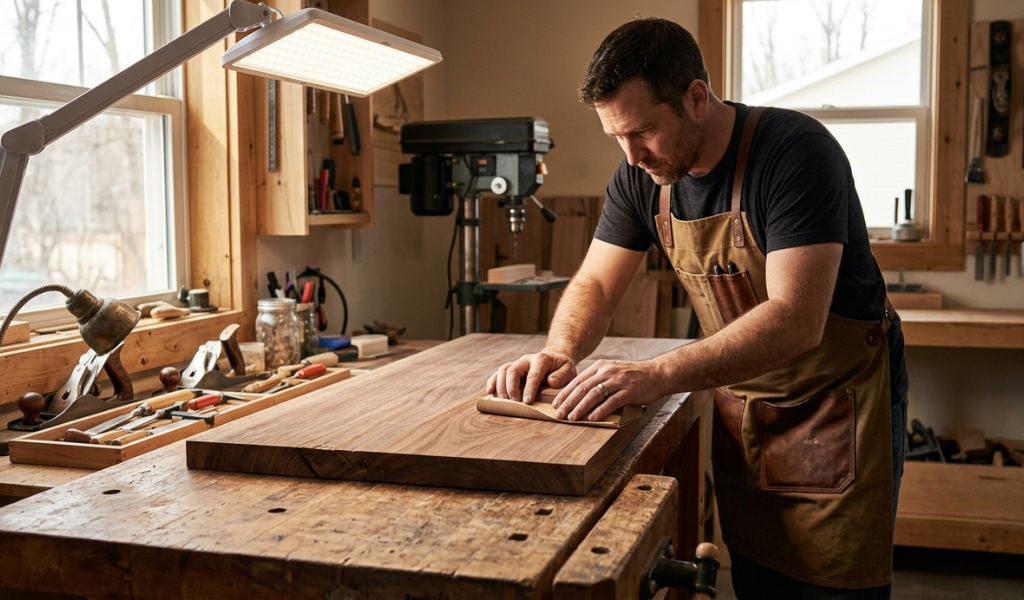 Sanding block moving parallel to the wood grain to ensure a scratch-free finish.