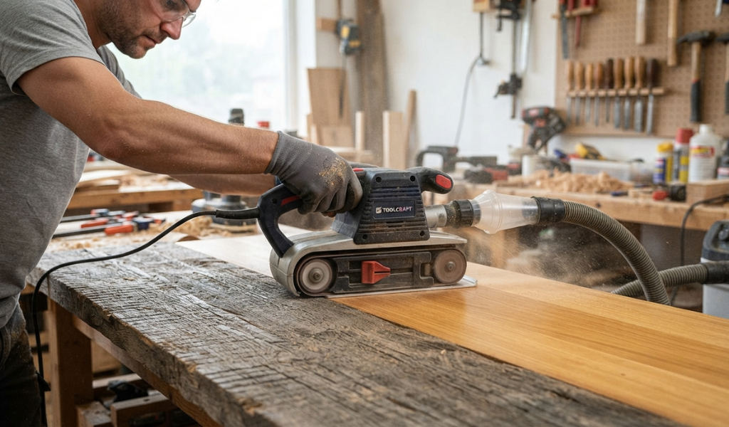 A belt sander removing deep saw marks from a rough sawn timber board in a workshop.
