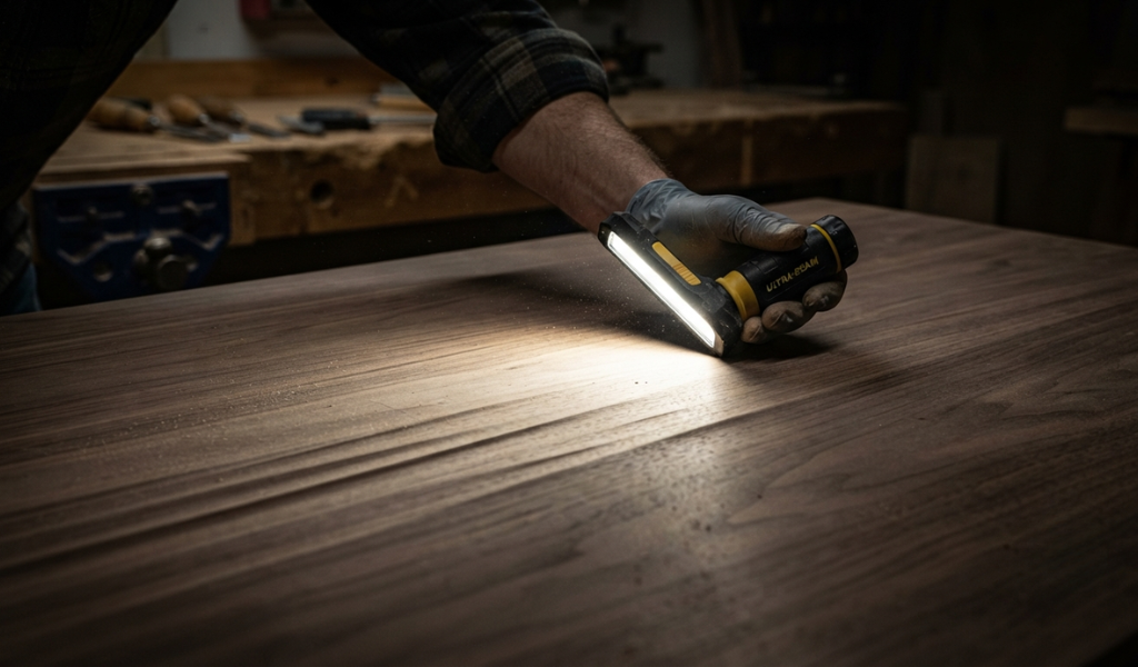 Using a low-angle raking light to inspect a sanded wood surface for hidden imperfections.