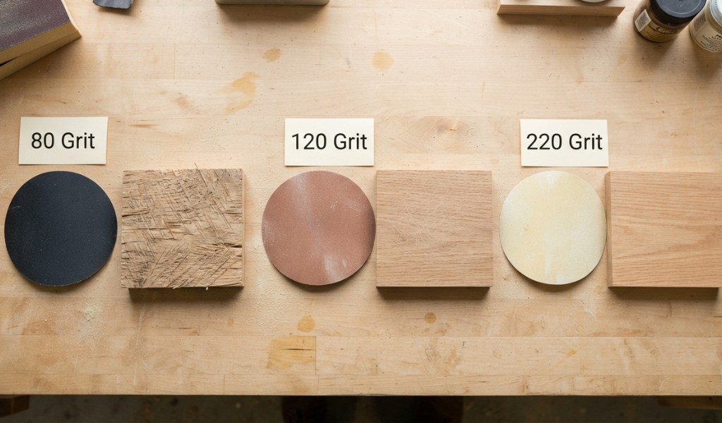 Visual guide showing sandpaper grit progression from 80 to 220 and the resulting wood smoothness.