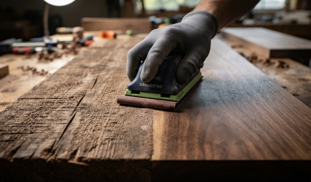 A close-up comparison of a raw wood surface versus a perfectly sanded, smooth finish.
